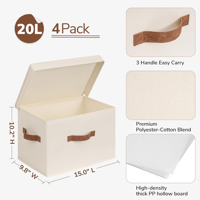 Ensemble de 4 paniers de rangement moyens en tissu avec couvercles pour tablettes, ivoire | Bacs de rangement pour placard 15 po x 9,8 po x 10,2 po avec plaque de support durable, rangement pour jouets avec poignées pour salle de jeux