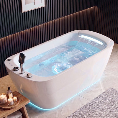 Baignoire tourbillon autoportante de 67 po en acrylique avec robinet à cascade, 11 jets d'hydromassage, lumière ambiante circulaire à DEL bleue et baignoire à bulles d'air