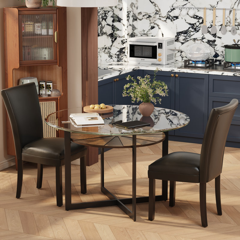 Wexford Collection Round Glass Top Dining Table, Mid-Century Modern Dining Table with Wood Shelf and Metal Frame