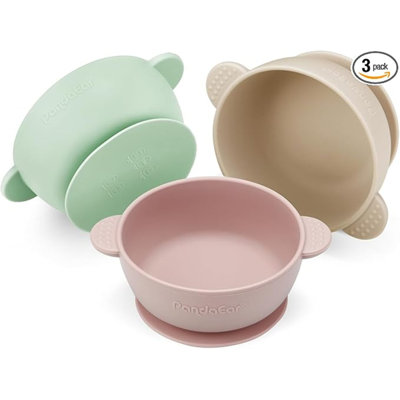Ensemble de 3 bols pour bébé avec ventouse | Bol alimentaire en silicone pour bébé Stay Putts | Silicone de qualité alimentaire doux sans BPA (rose vert clair / brun clair)