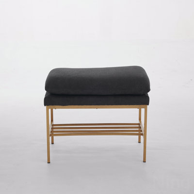 End Of Bed Bench With Shelf, Linen Upholstered Design With Storage Function Shoe Bench, Modern Style Bedroom Bench With Metal Material Legs