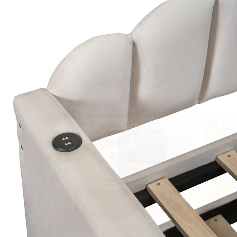 Twin Size Upholstered Daybed with Trundle, Velvet Sofabed with USB Charging Ports, No Box-Spring Needed
