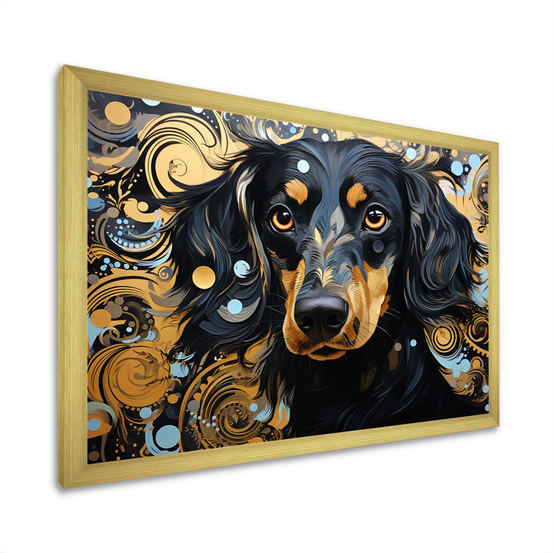 «Funny Daschund Portrait II», reproduction sur toile, Cadre doré à coins fermés, H 30 po x l 40 po x P 1,5 po