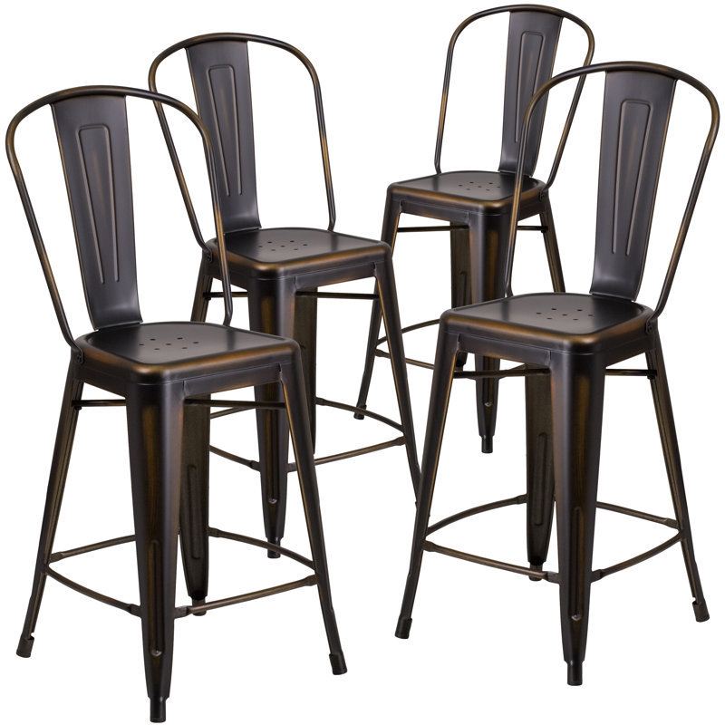 Tabouret de comptoir en métal patiné pour l'intérieur / extérieur de 24 po de hauteur Angelean - noir, Noir/or antique