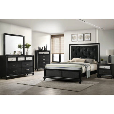 Solid Wood Queen Size Panel Bed With Button Headboard In Black Modern Glamour Diamond Tufting And Base