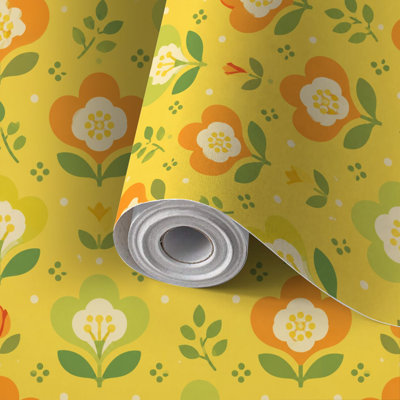 Mid Century Peel and Stick Wallpaper Contact Paper Retro Floral Daisy Flowers Yellow Orange Green Self Adhesive and Removable 17.7in x 118in(45x300cm)