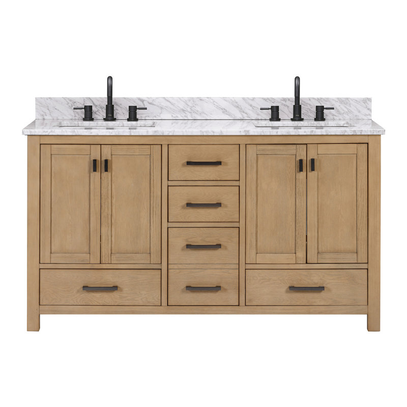Modero 60" Double Bathroom Vanity with Top, Carrara White, Brushed Oak, Black