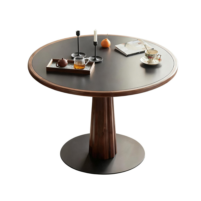 Walnut&Black Round Sintered Stone Dining table, 29.53"H x 39.37"L x 39.37"W