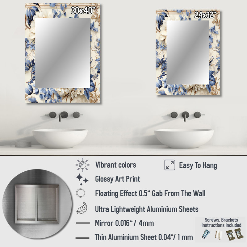 «Hough Victorian Blue and White Flowers Damask», miroir damassé, miroir mural décoratif Boho, reproduction d'art en métal