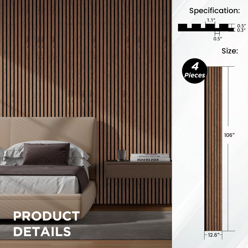 4 PCS 106"L x 12.6"W Acoustic Slat Wall Panels, Eco-Wood Look for Home/Office Wall & Ceiling (37.12 sq. ft.), Dark Maple