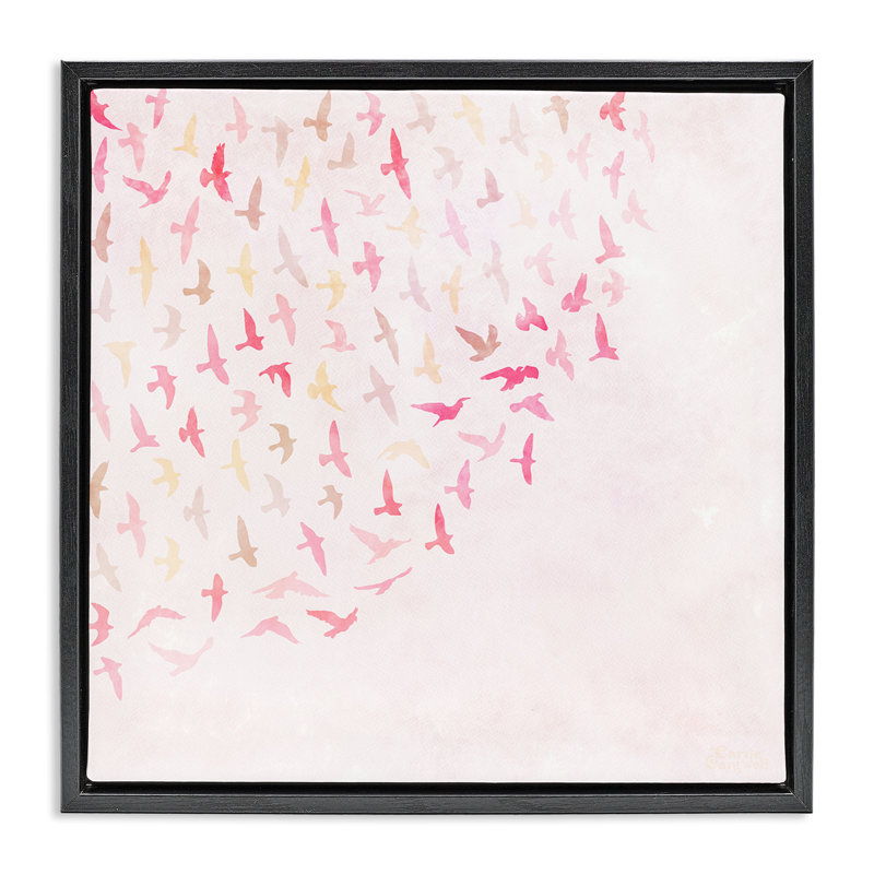 «Fluttering Pink Birds» par Carrie Cantwell, Cadre flottant métallique doré, H 18 po x l 18 po