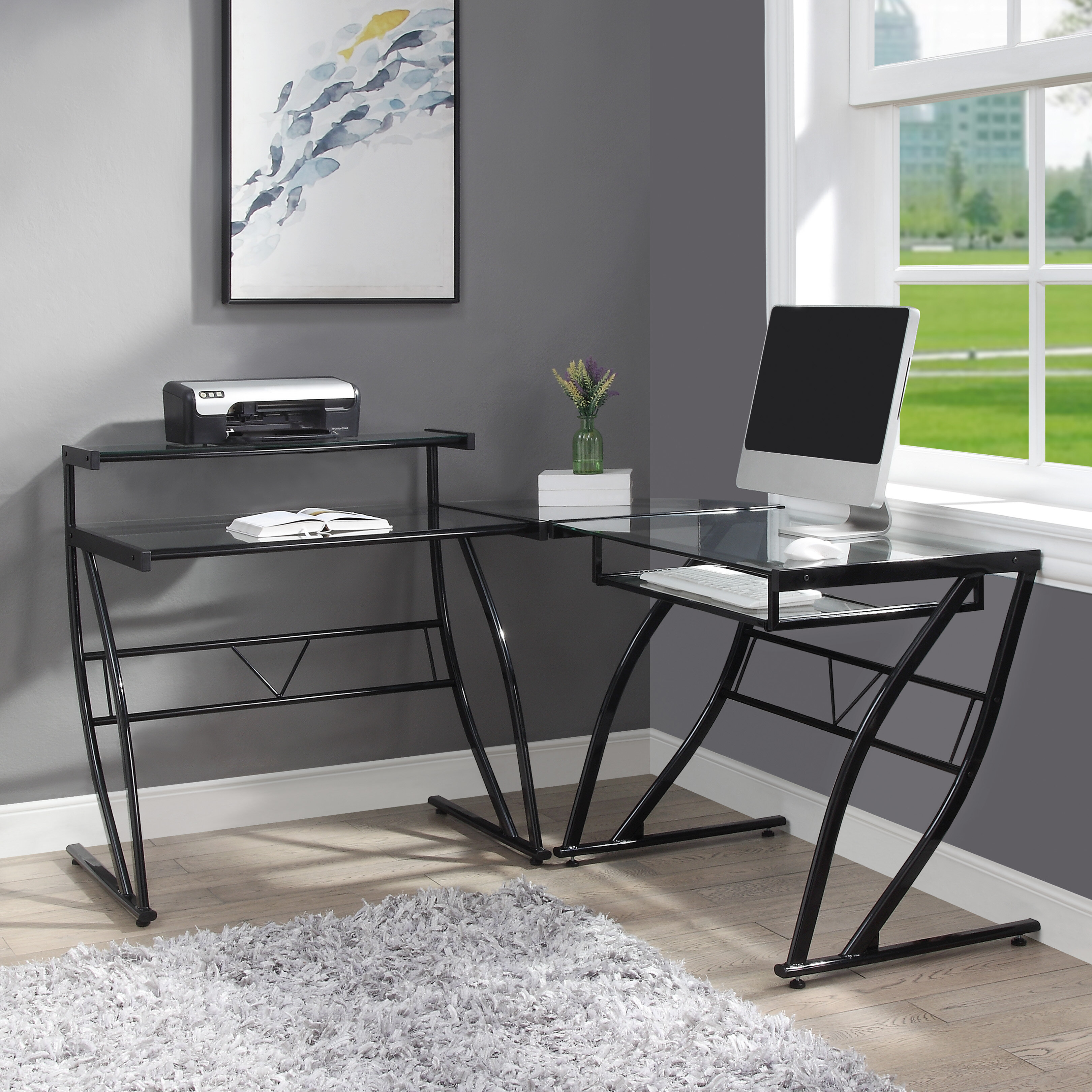 Latitude Run® Braycen L-Shaped Glass Top Metal Base Writing Desk & Reviews  | Wayfair