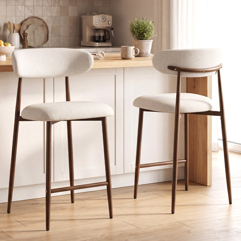 Tabouret de bar 26 po à hauteur de comptoir avec pieds en métal, Structure en lin beige / noyer, 3