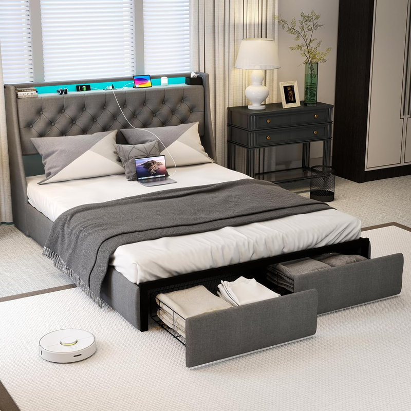 Gray Full Upholstered Bed Frame with LED Headboard and Storage Drawers