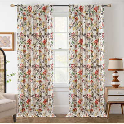 Ada Floral Botanical Print Flower Leaf Thermal Insulated Room Darkening Linen Blackout Back Tab Window Curtains 2 Layers Set of 2 Panels