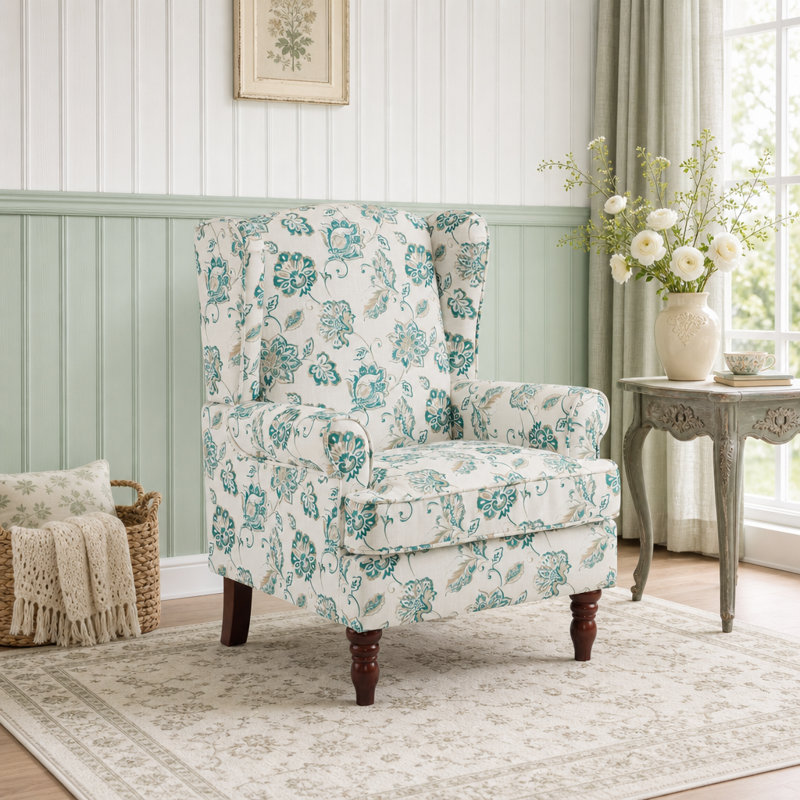 Upholstered Accent Chair, White/Green Floral