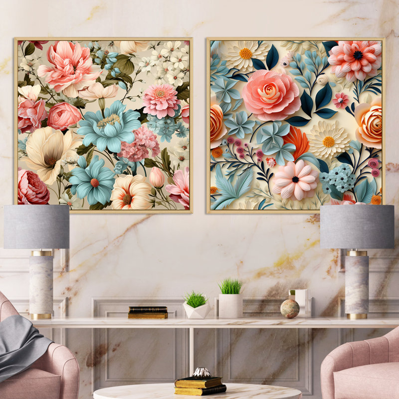 Pastel Shades Garden Delight - Ensemble de 2 collages floraux carrés, Cadre flottant brun, H 30 po x l 61 po