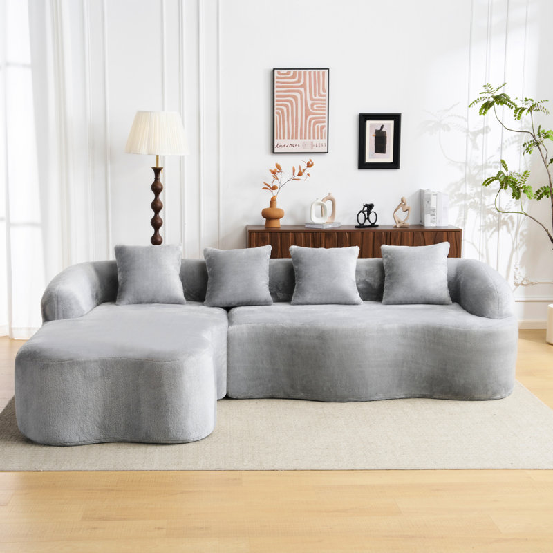 Canapé modulaire en L gris avec méridienne incurvée, conception à compression complète, 4 sièges pour un appartement, siège plus large et plus profond, siège surélevé, coussins, housse respirante de luxe modulaire en chenille