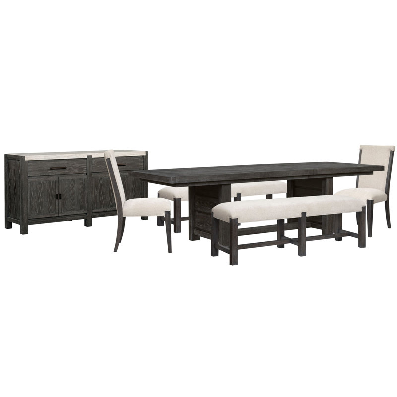 Rectangular Dining Table With 2 Benches 3 Side Chairs And Sideboard, 6 Pieces: Table, 2 Benches, 2 Chairs, Sideboard