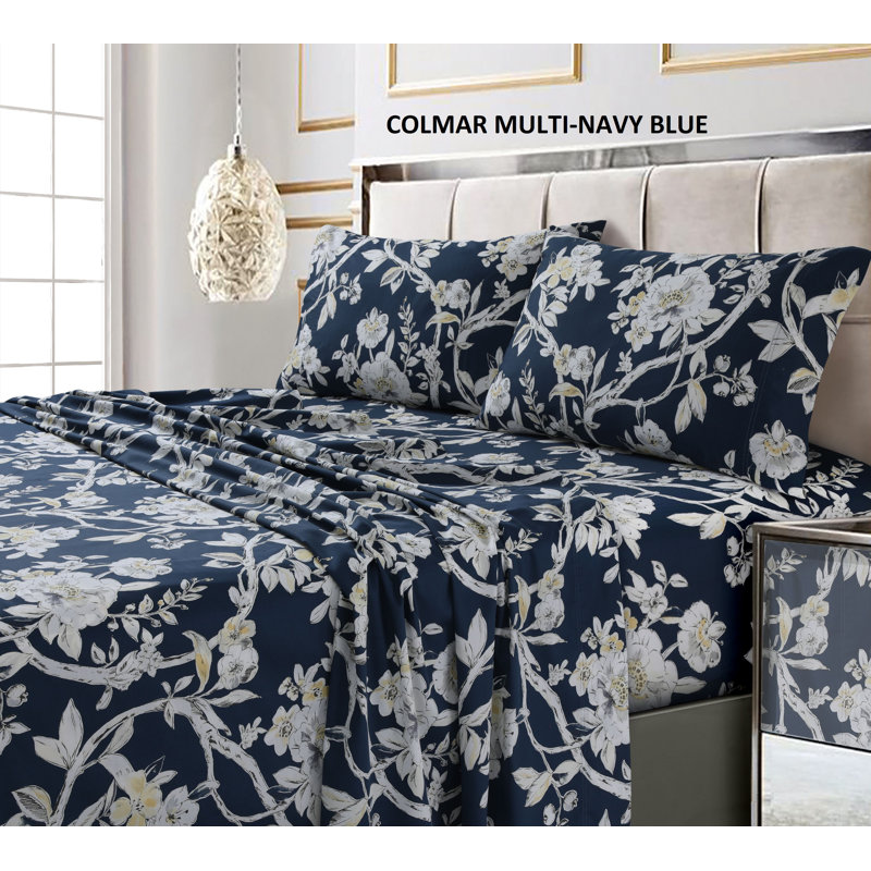 Queen Navy Cotton Deep Pocket Floral Print Sheet Set