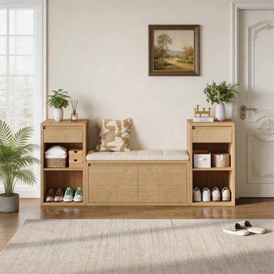 3-in-1 Natural Wood Entryway Storage Bench with Shoe Cabinets & Cushion