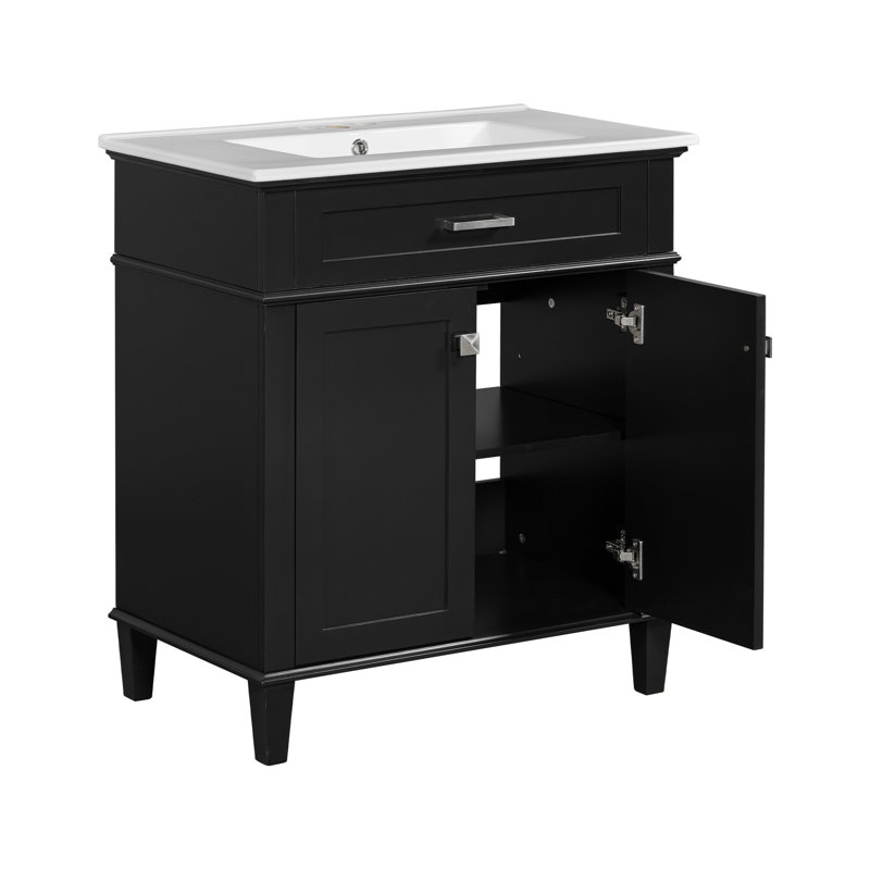 Meuble-lavabo de 30 pouces avec lavabo en céramique, porte à fermeture en douceur et tablettes réglables, Argent argent