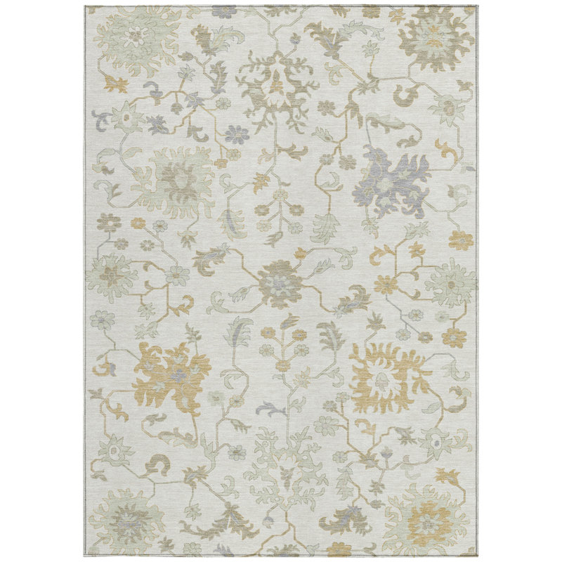 3' X 5' Ivory Gray And Taupe Floral Washable Indoor Outdoor Area Rug