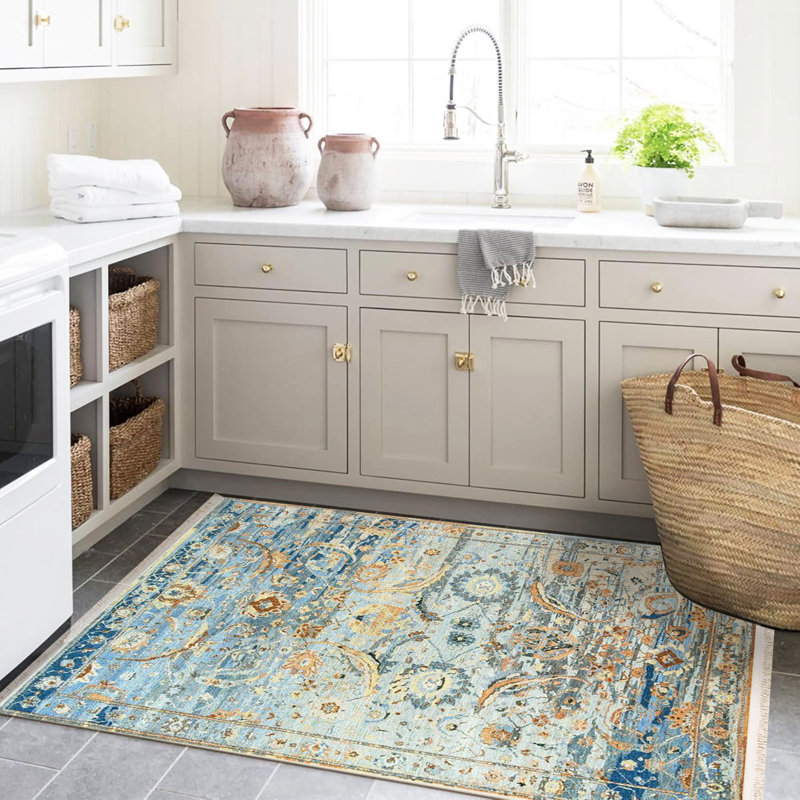 Tapis bleu à motif abstrait et motif traditionnel rétro de la collection Barcelona, Rectangle 4 pi 11,06 po x 7 pi 6,55 po
