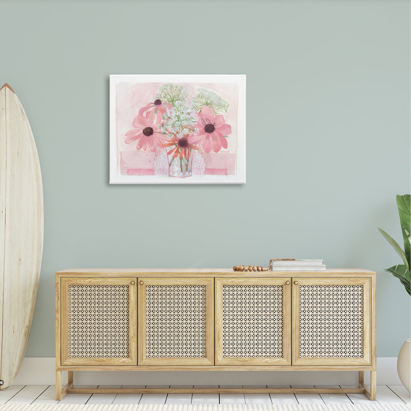 Vase délicat à motif de fleurs roses, Toile tendue, H 30 po x l 40 po x P 1,5 po