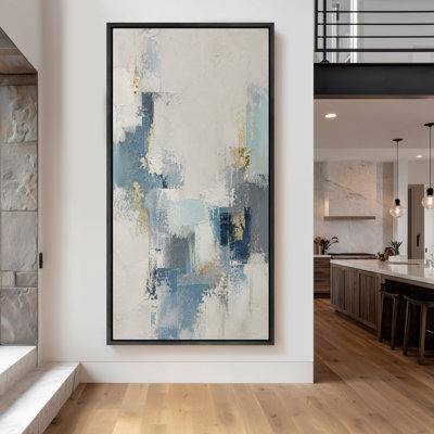Large Framed Canvas Wall Art - Blue Gray Abstract Geometric Minimal Decor - 60"x20", 60"x30"