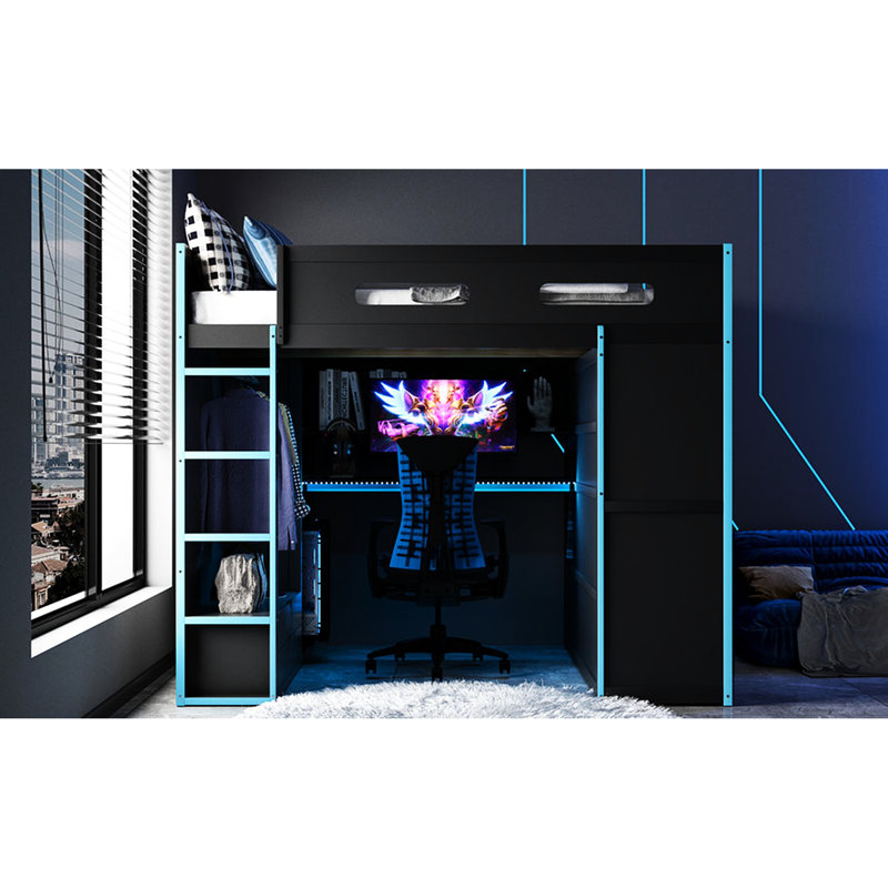 Lit double en bois pour jouer avec lit mezzanine, bureau, gestion des câbles et éclairage pour une chambre de jeu, Blue