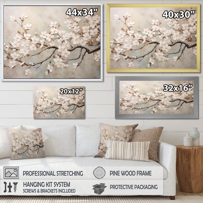Minimalisme blanc et gris Cherry Blossom III - art mural Cherry Blossom, H 30 po x l 40 po x P 1,5 po, Cadre flottant doré