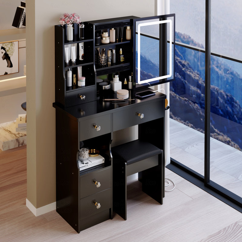 Petit meuble-lavabo de 29,2 po avec tiroir à gauche + tabouret rembourré, 2 blocs d'alimentation CA + 2 ports USB, support pour sèche-cheveux, très grand miroir coulissant à commande tactile à DEL, réglage de la luminosité tricolore, réglage de l