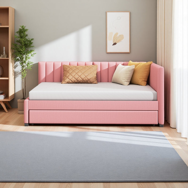 Lit de jour rembourré avec couchette simple pour canapé-lit, pas de sommier tapissier, tissu en lin, Rose