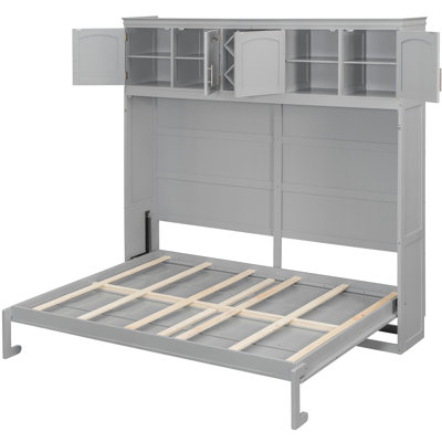 Queen Size Wall Bed, Gray Bed With Wine Rack, Space - Saving For Small Spaces, Easy To Use Hide Away Top Cabinets, Comfortable Mattress Support