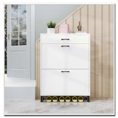 Shoe Storage Cabinet for Entryway, Free Standing Shoe Organizer with 2 Flip Drawers, Hidden Shoe Rack Storage Organizer for Doorway Hallway Close