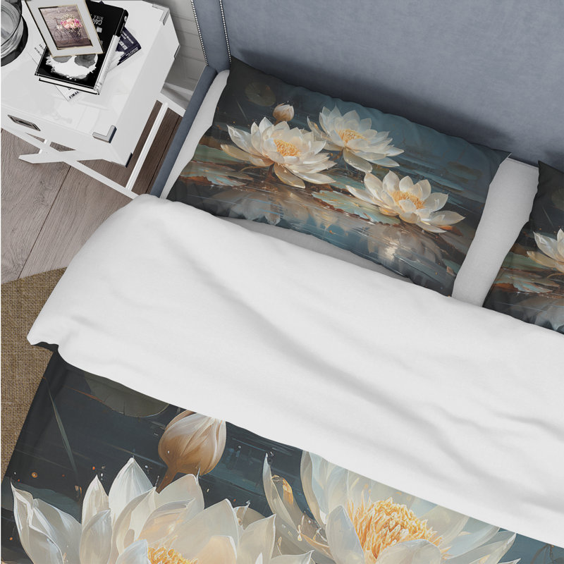 Fleurs de lotus baignées au clair de lune - Ensemble de housse de couette floral - Polyester microfibre