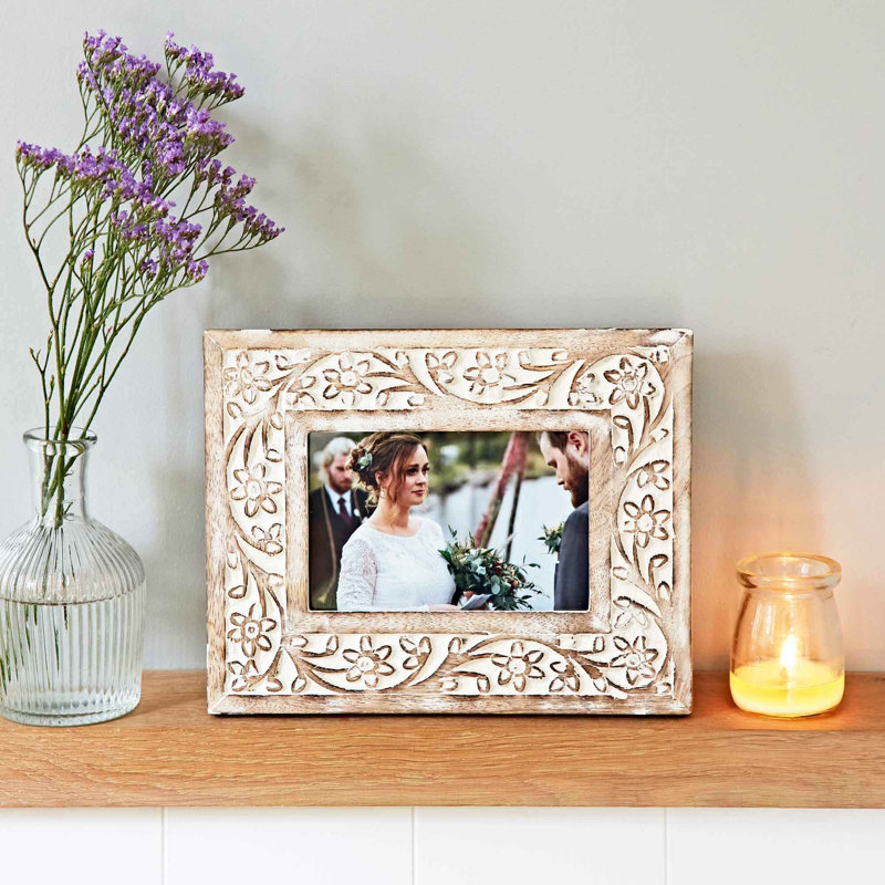 Iksu Antique White Floral Mango Wood Photo Frame, 10.16cm x 15.24cm