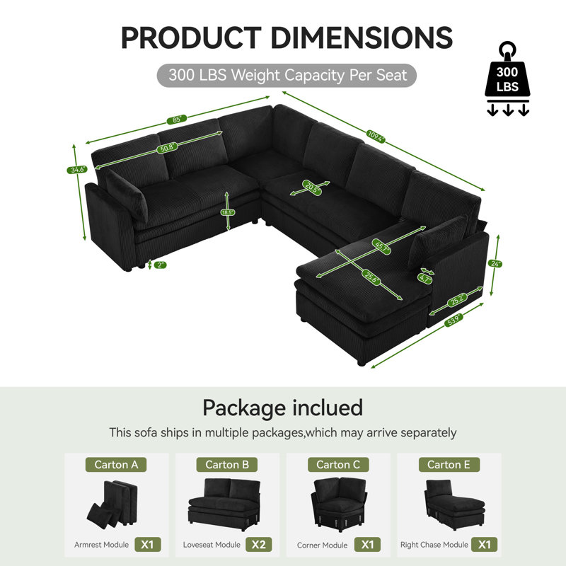  Modular Sectional Sofa with Chaise Lounge, Comfy Deep Dual-Layer Cushion Couch, 7 Seater Right Chaise Couch, Black