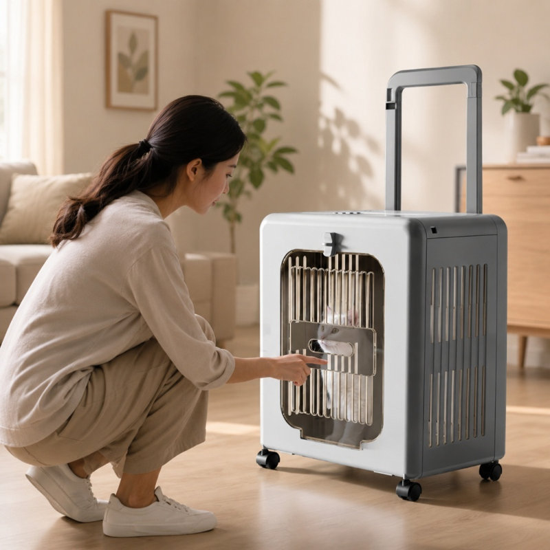 Sac de transport pour animaux de grande capacité avec poignée télescopique, panneaux ventilés et quatre roulettes pour chats et petits chiens