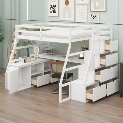 Lit mezzanine avec 7 tiroirs, 2 tablettes et un bureau