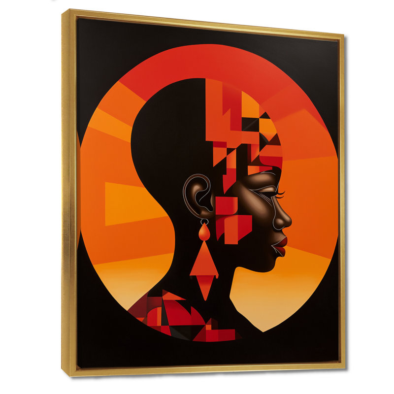 Portrait géométrique contemporain déesse nubienne II - art mural africain, H 20 po x l 12 po x P 1 po, Cadre flottant noir