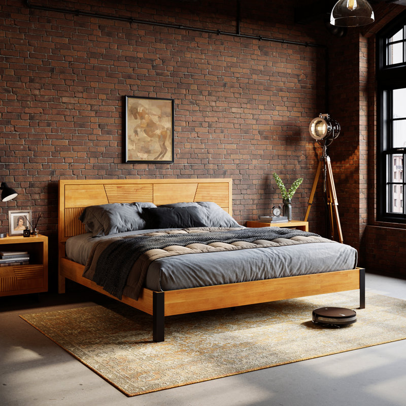 Trapeze Modern Industrial Platform King Size Bed Frame - Light Natural Finish with Slat Pattern Headboard & Iron Legs, King