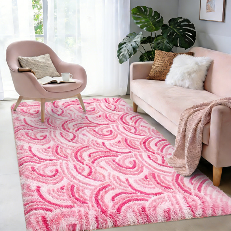 Tapis moelleux antidérapant à poils longs, Rectangle de 5 pi x 8 pi, Rose clair / rose / blanc