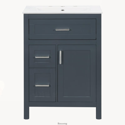Meuble-lavabo de 61 cm (24 pouces) avec lavabo en céramique, structure en bois massif, 1 porte, tiroir abattant et 2 tiroirs, charnières à fermeture douce, poignées argentées.