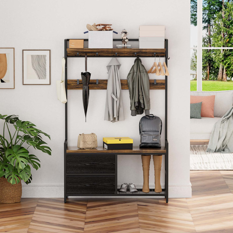 33.1" Wide Hall Tree With 2 Movable Drawers,Shoe Storage,Shelves And Garment Racks, 5-In-1 Entryway Bench With 23 Hooks