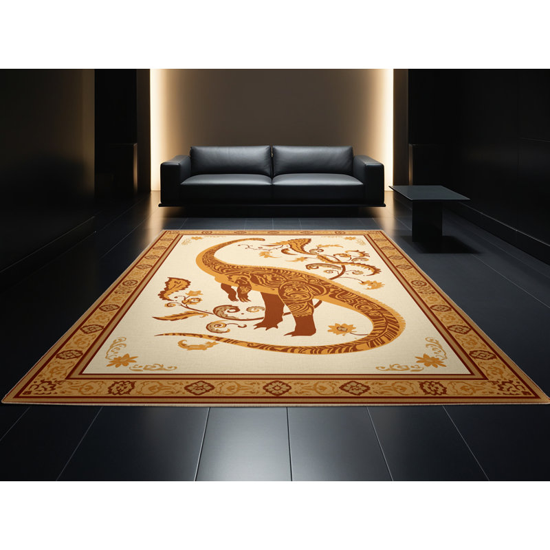 Machine Washable Peirsen Brachiosaurus Classic Oriental Rug in Beige – Beige Binding, 7x10