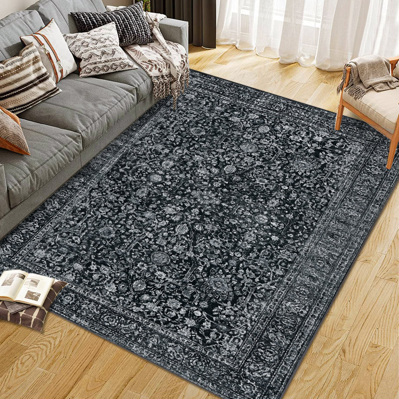 Tapis bohème floral rétro lavables, Rectangle 9 pi x 12 pi, Black