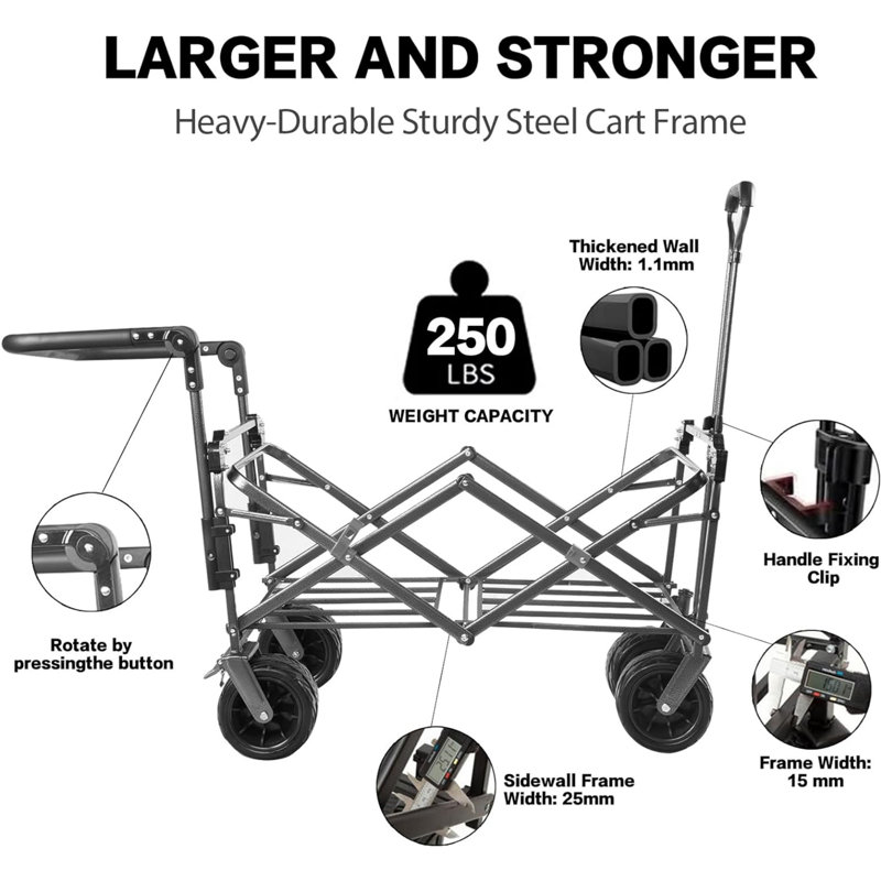 Collapsible Wagon 140L Wagons Carts Foldable with Removable Canopy, Folding Wagon Cart with Wheels, Grey