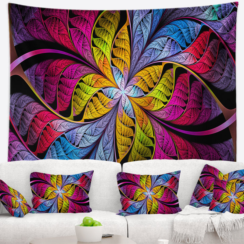 Tapisserie abstraite rose jaune fractal en verre coloré, H 32 po x l 39 po